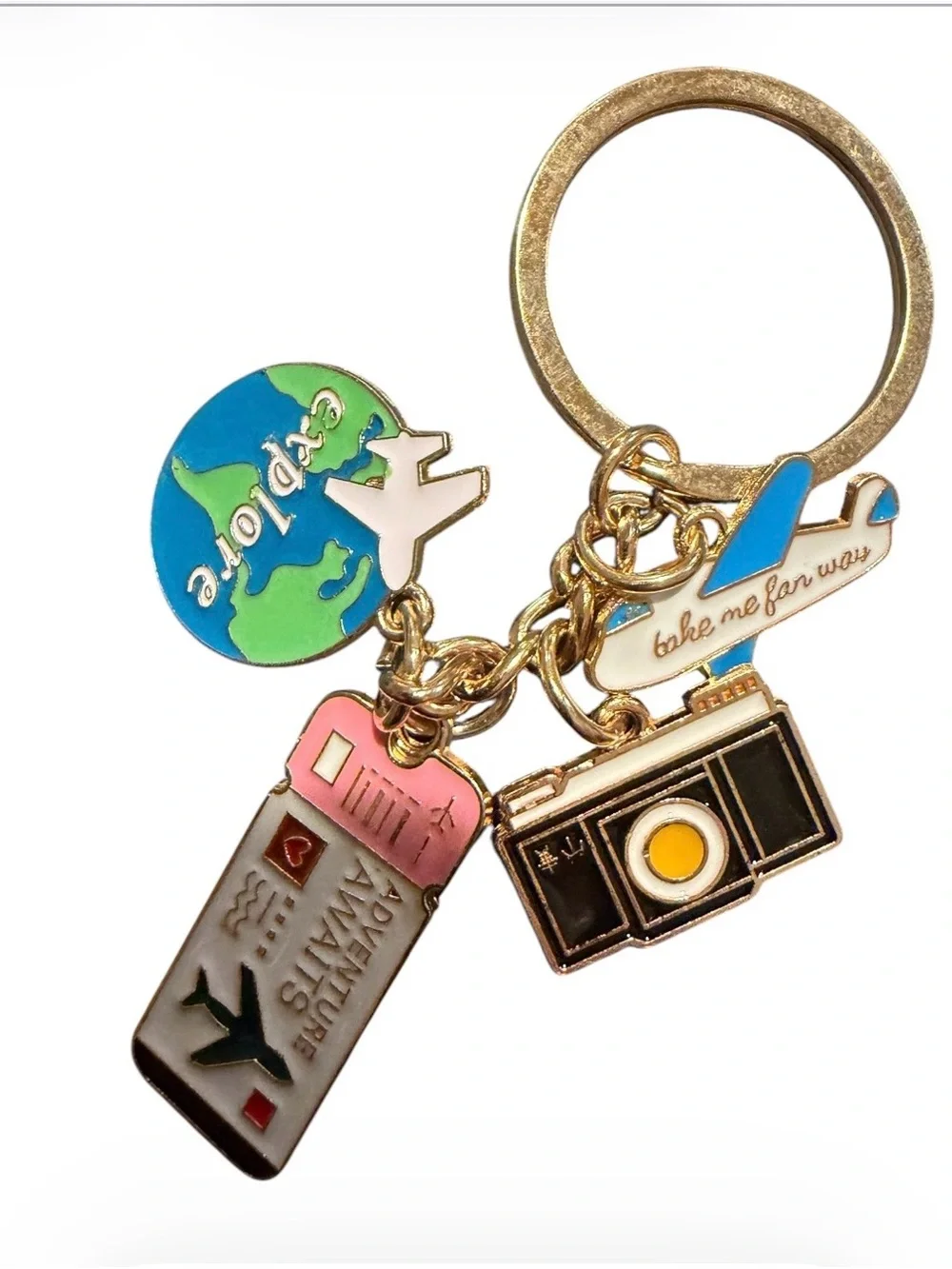 Travel Charm Keychain with Airplane, Camera & Luggage Charms - Blue/Green/Pink